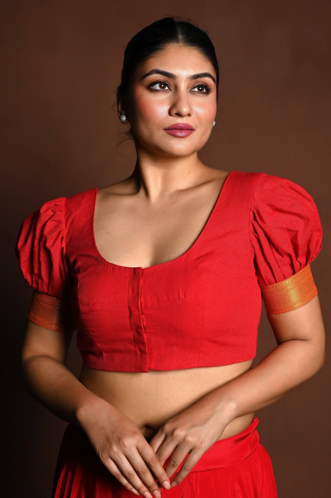 Red Cotton Blouse with Puff Sleeves and Front Closure - Anvi Couture