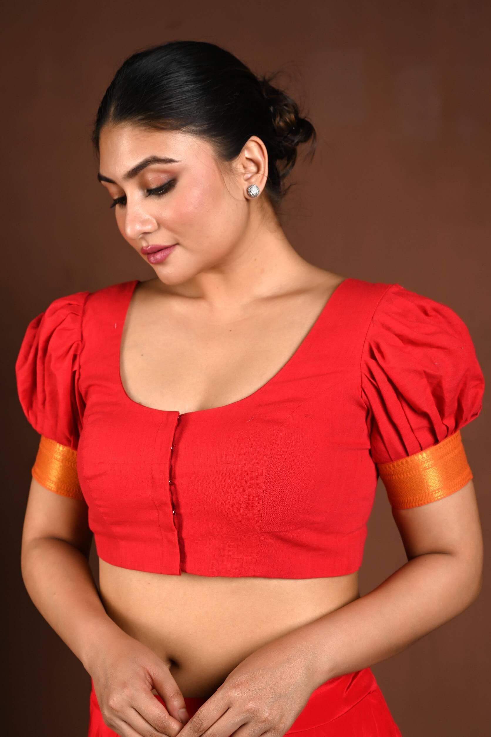 Red Cotton Blouse with Puff Sleeves and Front Closure - Anvi Couture