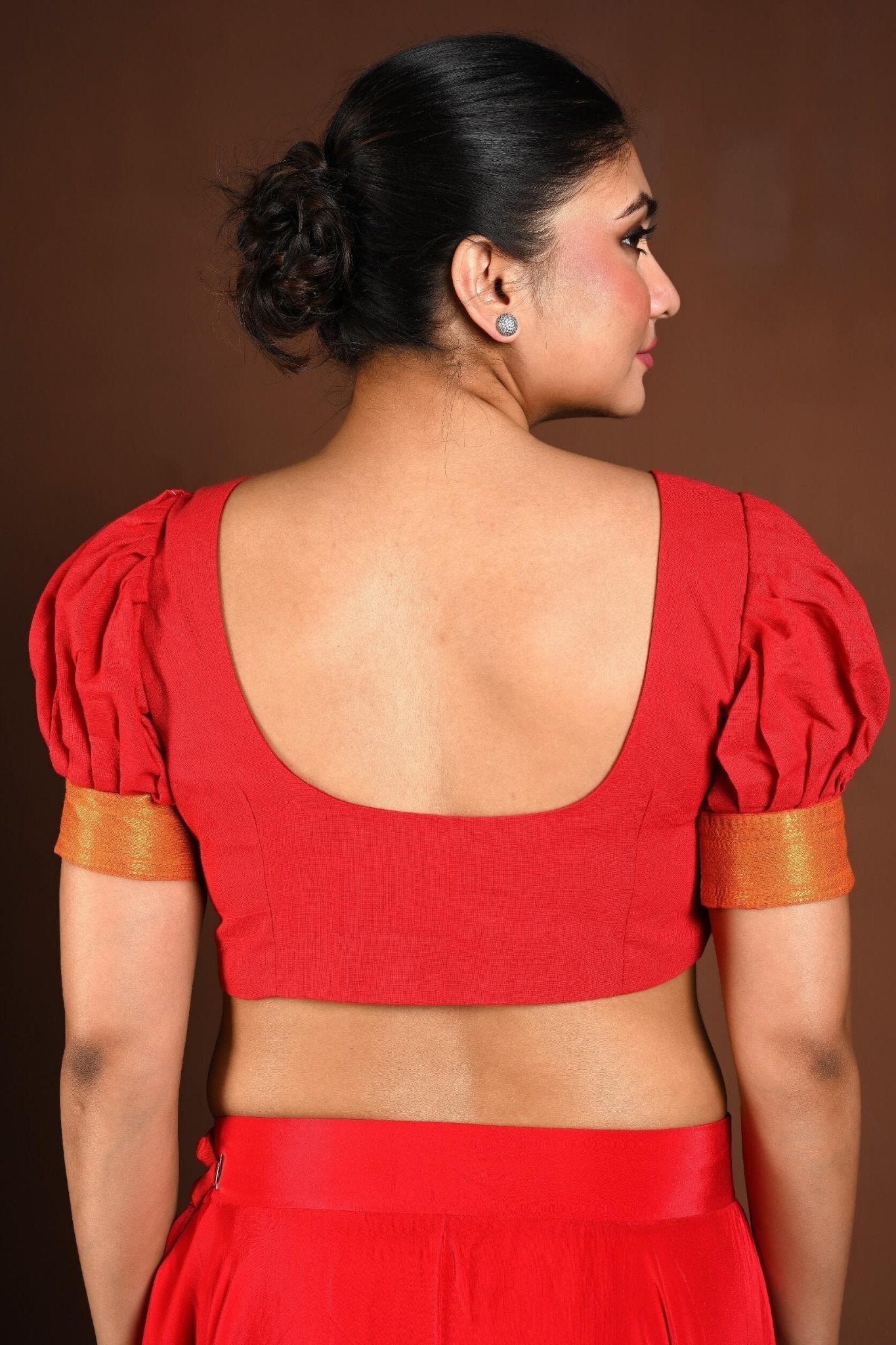 Red Cotton Blouse with Puff Sleeves and Front Closure - Anvi Couture