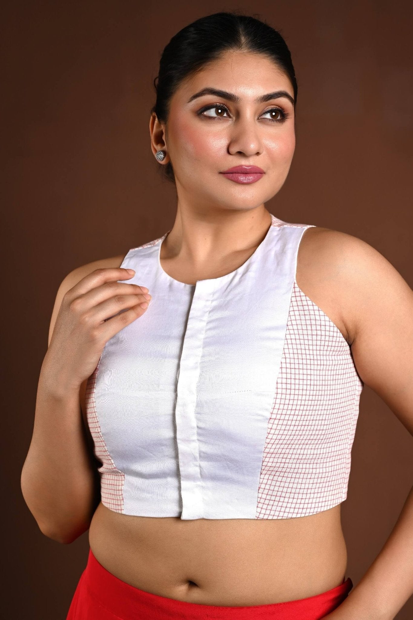 Red and White Cotton Sleeveless Blouse with Closed Neckline - Anvi Couture