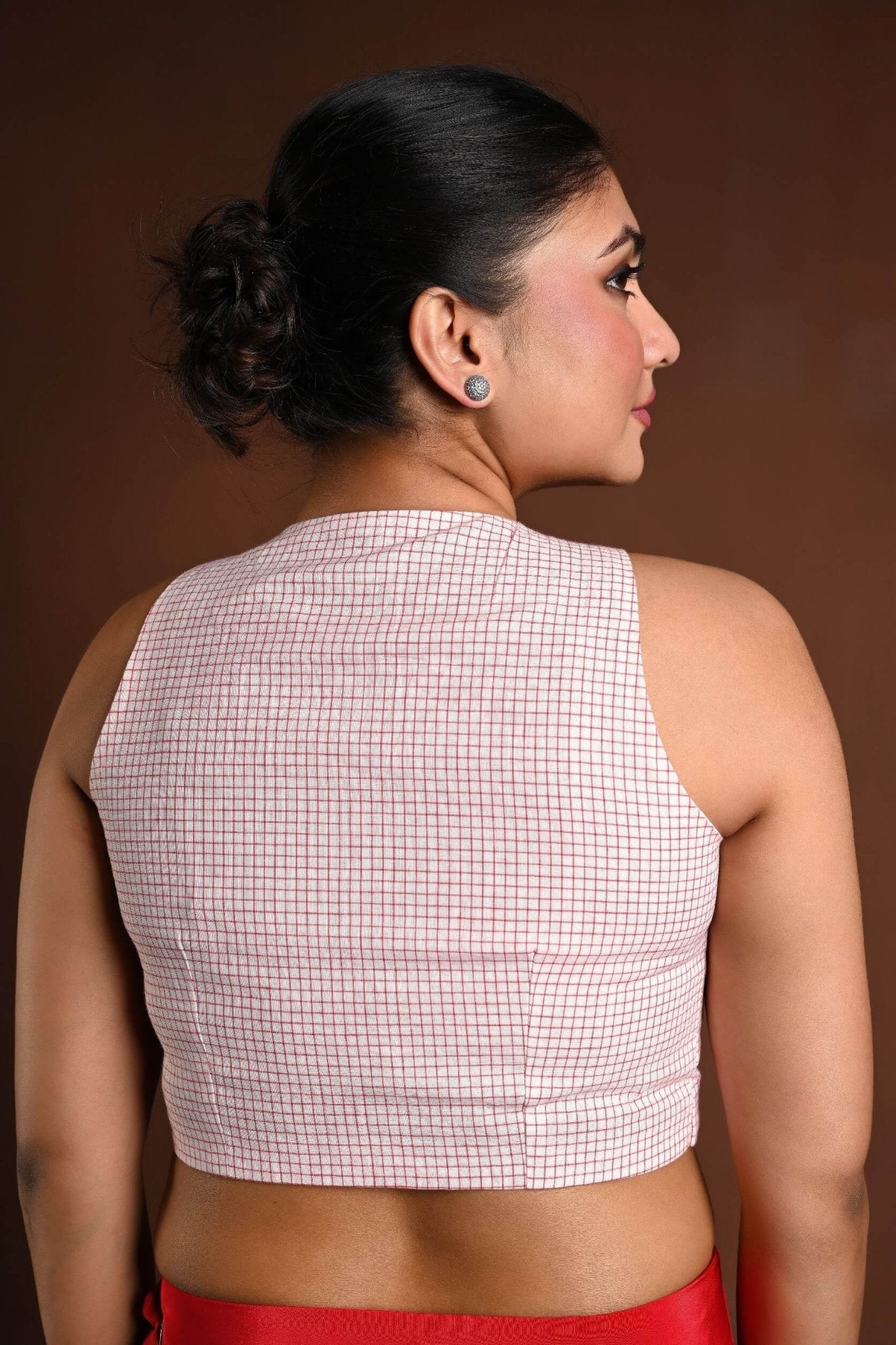 Red and White Cotton Sleeveless Blouse with Closed Neckline - Anvi Couture