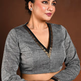 Gray Full Sleeve V - Neck Blouse with Front Closure - Anvi Couture