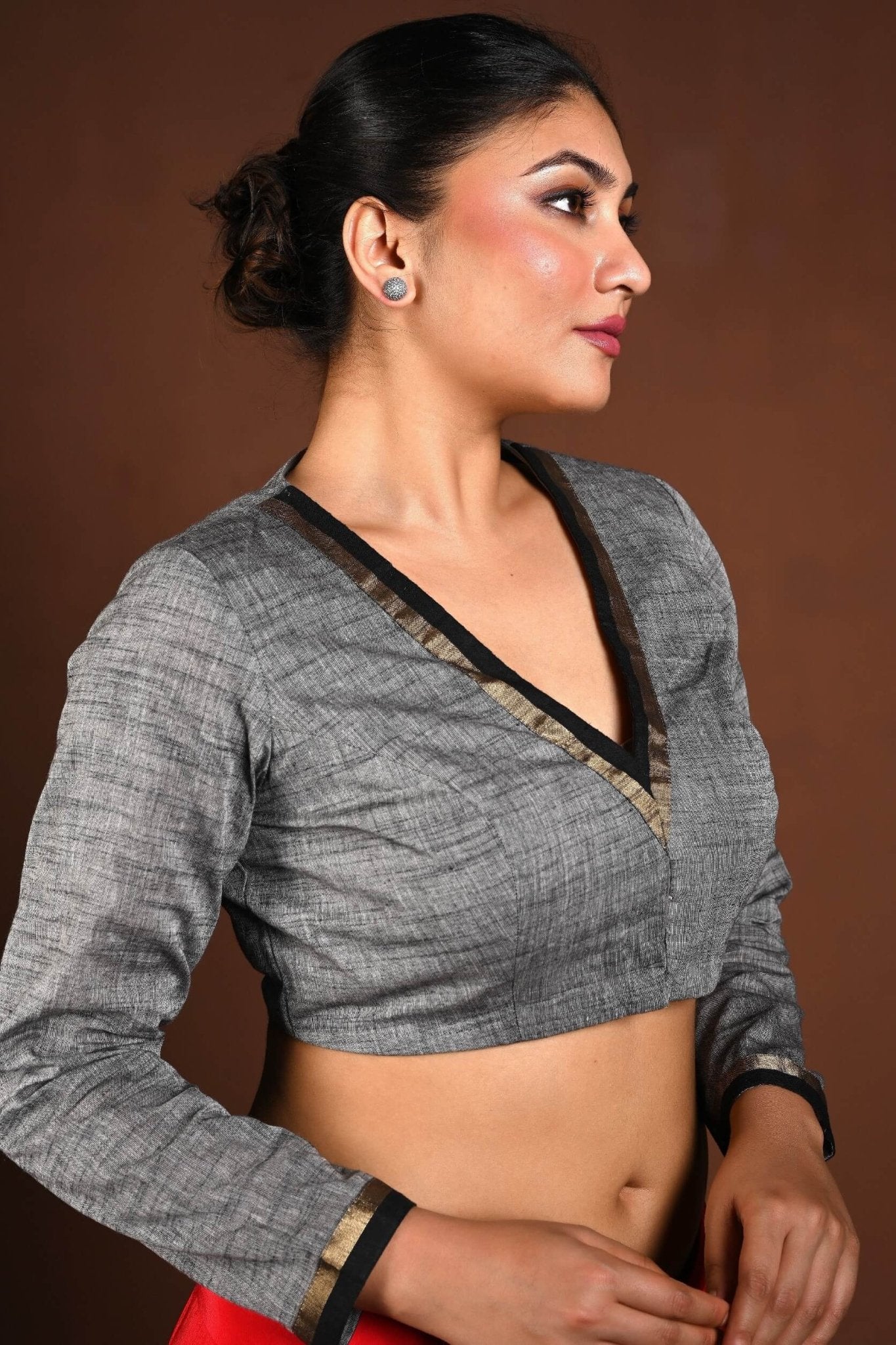 Gray Full Sleeve V - Neck Blouse with Front Closure - Anvi Couture