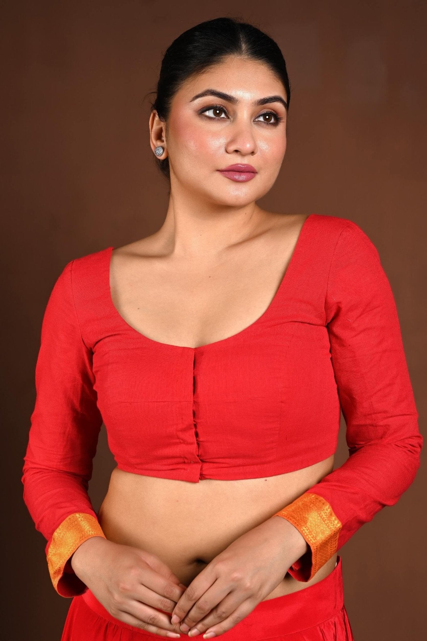 Red Full Sleeve Blouse with Deep U Neck and Front Closure - Anvi Couture