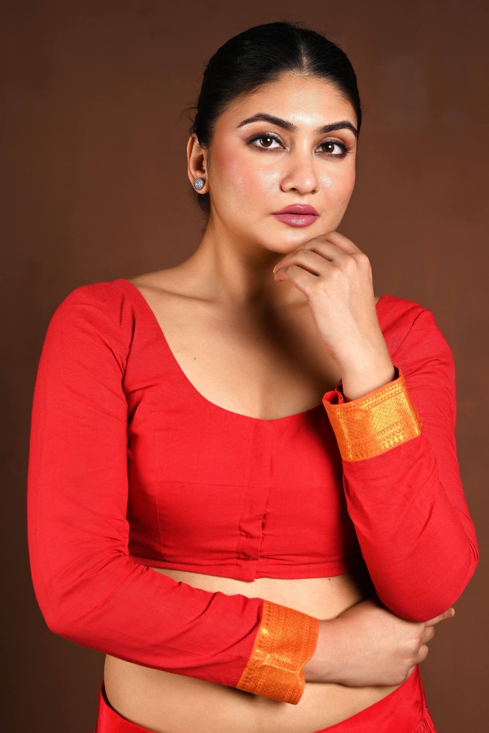 Red Full Sleeve Blouse with Deep U Neck and Front Closure - Anvi Couture