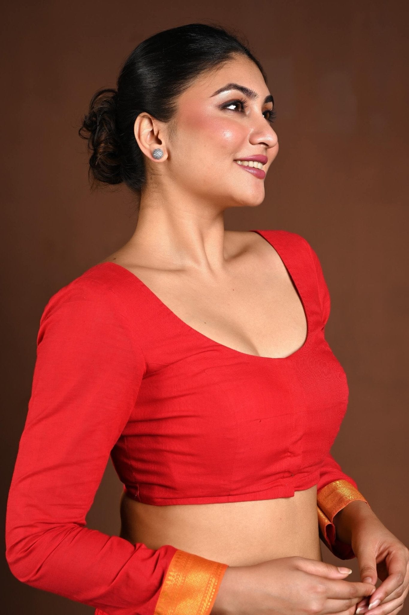 Red Full Sleeve Blouse with Deep U Neck and Front Closure - Anvi Couture