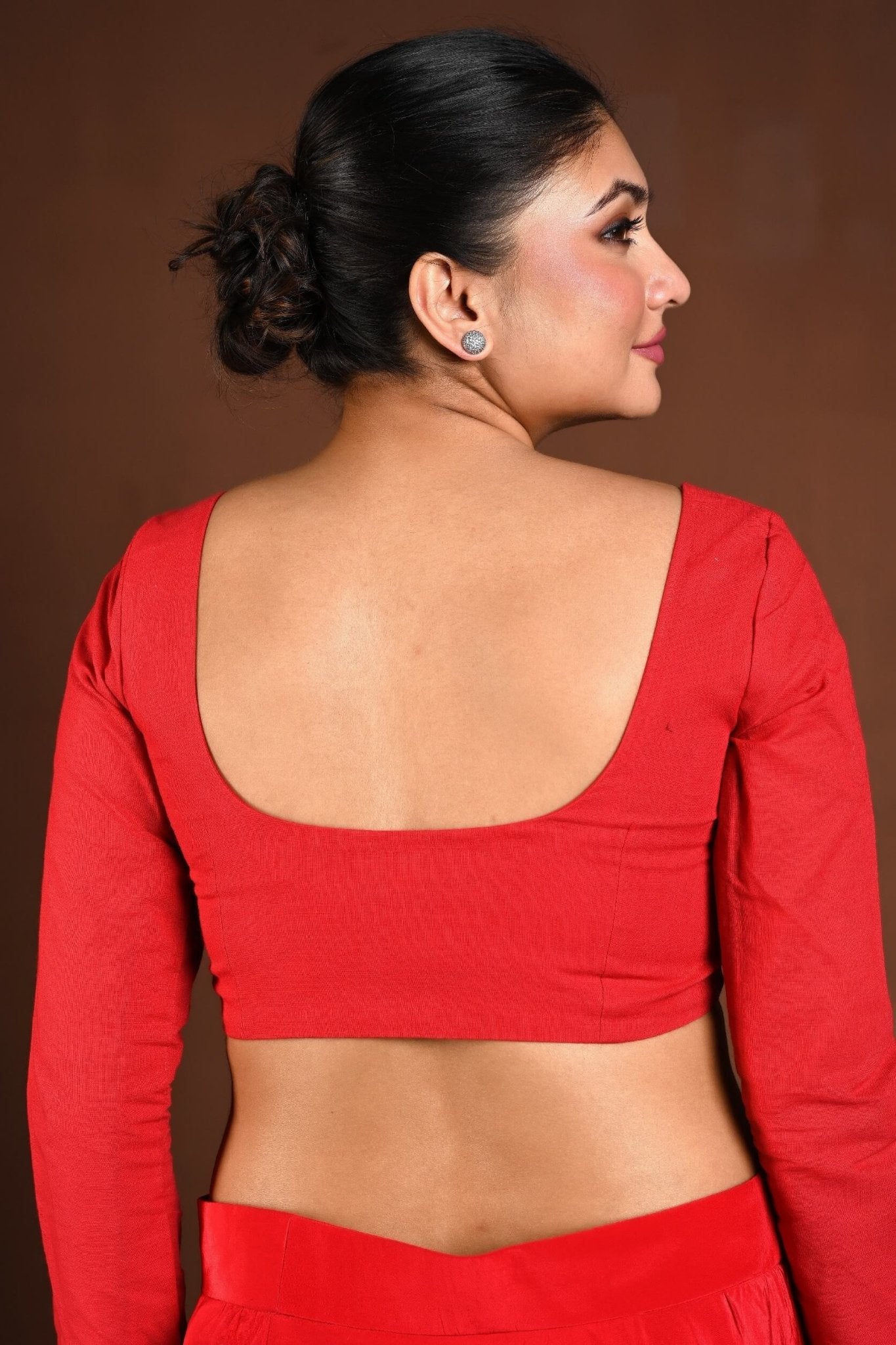 Red Full Sleeve Blouse with Deep U Neck and Front Closure - Anvi Couture