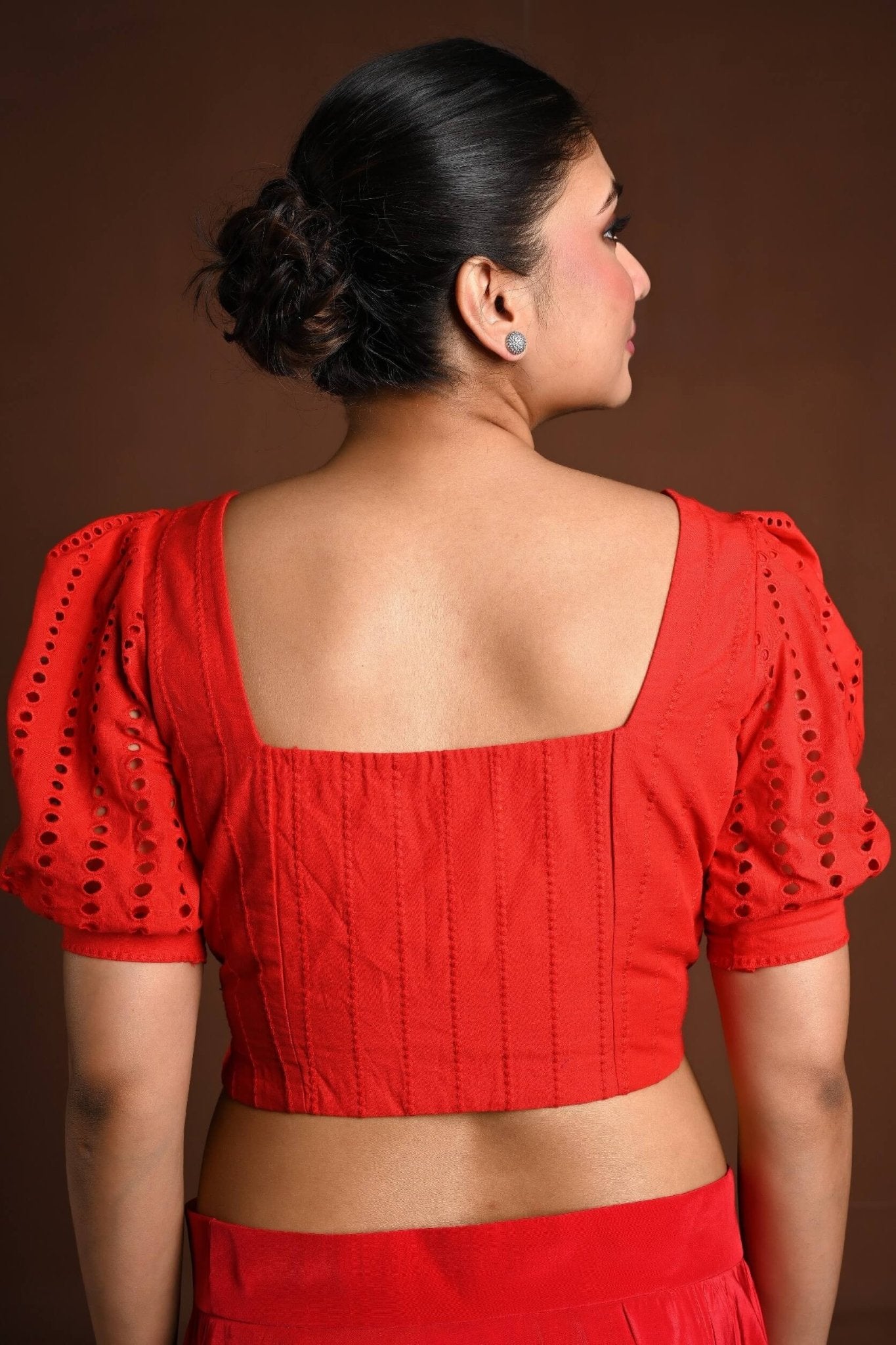 Red Hakoba Blouse with Puff Sleeves and Back Closure - Anvi Couture
