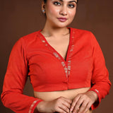Red Cotton Full Sleeve Blouse with V - Neckline - Anvi Couture