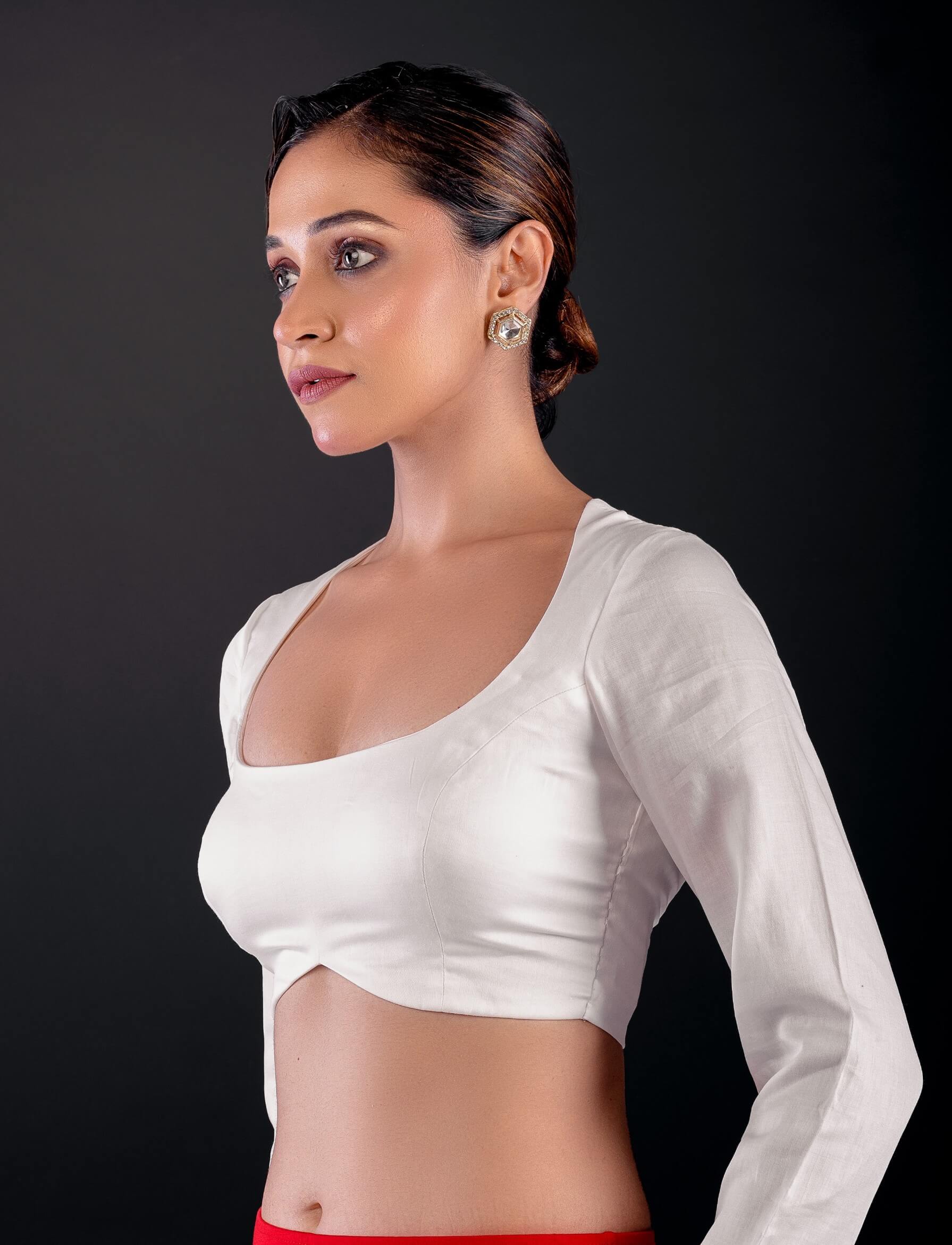 White Cotton Silk Blouse - Full Sleeves, Round Neck, and Sleek Back Cutout - Anvi Couture