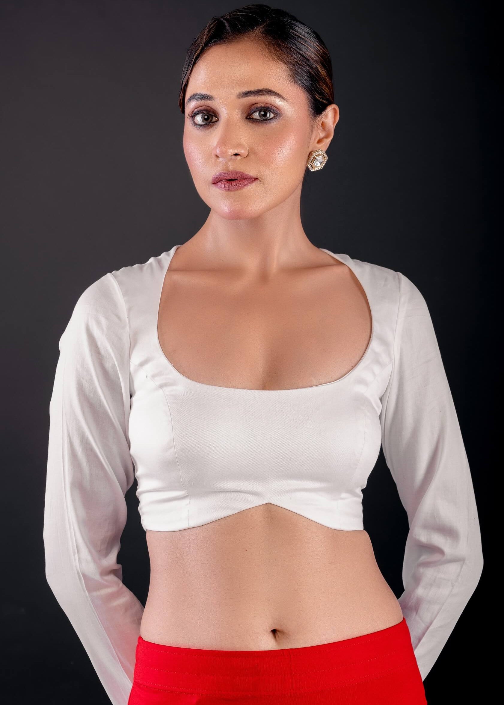 White Cotton Silk Blouse - Full Sleeves, Round Neck, and Sleek Back Cutout - Anvi Couture