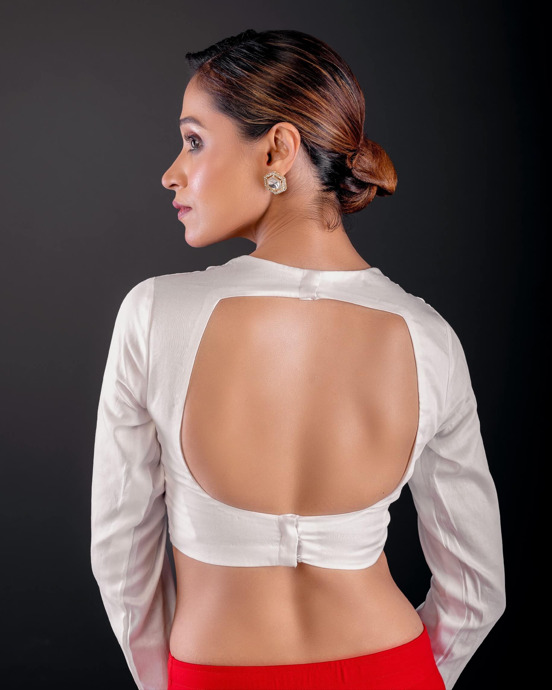 White Cotton Silk Blouse - Full Sleeves, Round Neck, and Sleek Back Cutout - Anvi Couture