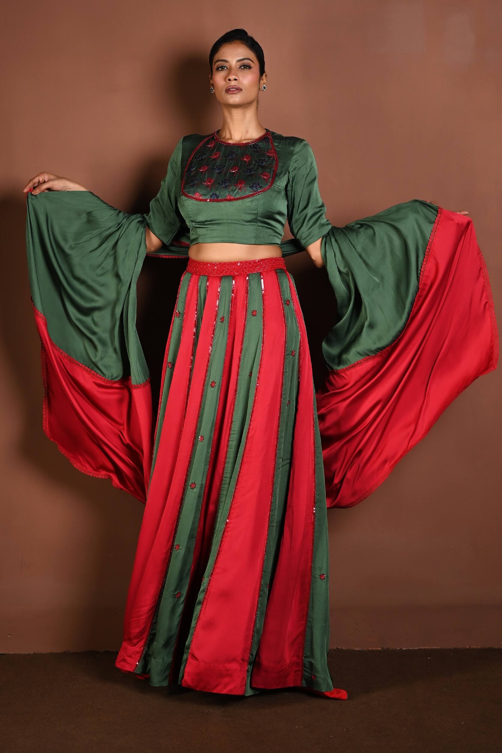Red and Green Lehenga with Matching Green Choli and Dupatta - Anvi Couture