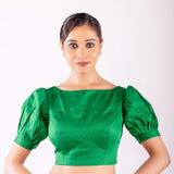 Green Boat Neck Blouse with Puff Sleeves & Stylish Back Cutout - Anvi Couture