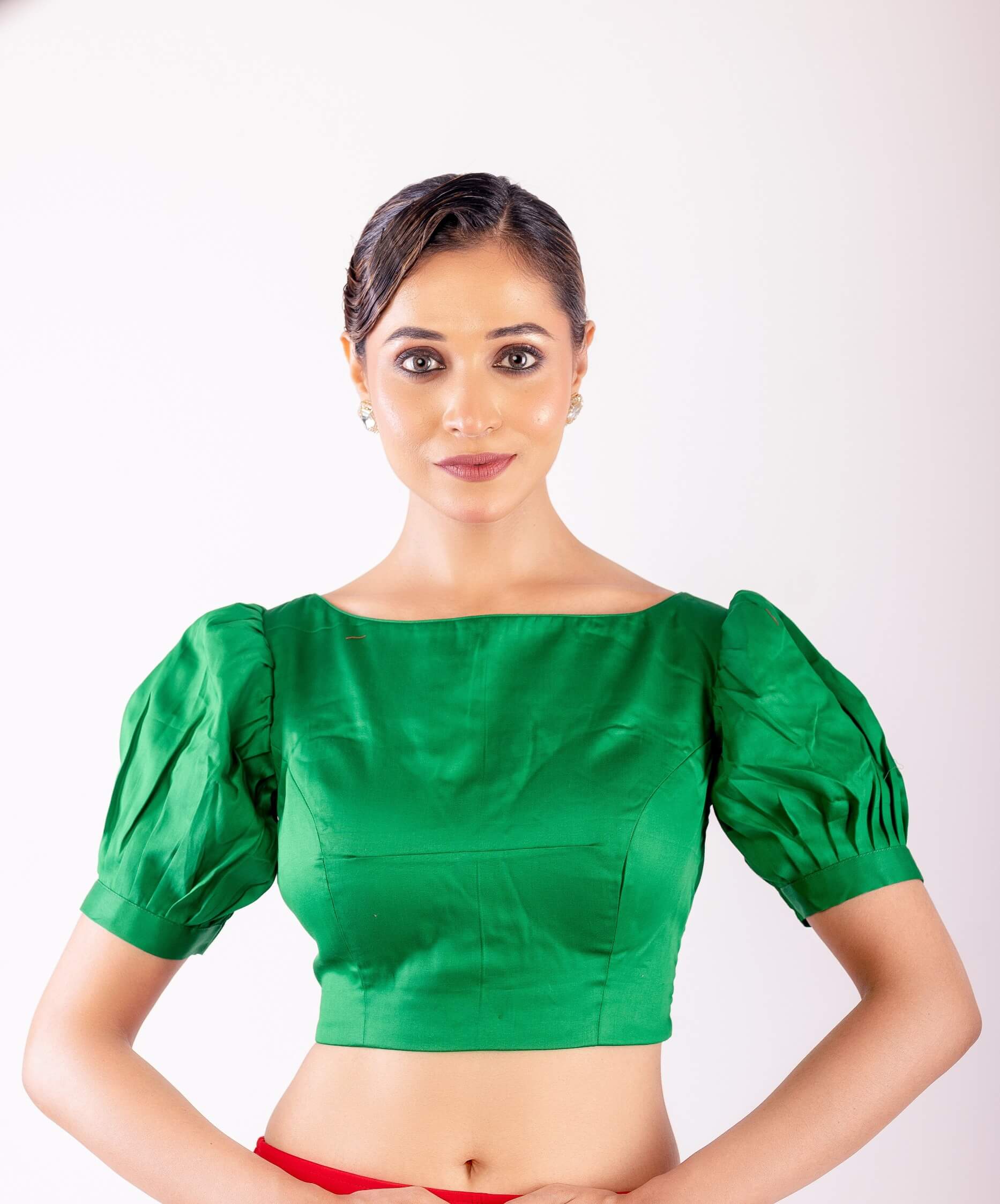 Green Boat Neck Blouse with Puff Sleeves & Stylish Back Cutout - Anvi Couture