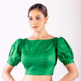 Green Boat Neck Blouse with Puff Sleeves & Stylish Back Cutout - Anvi Couture
