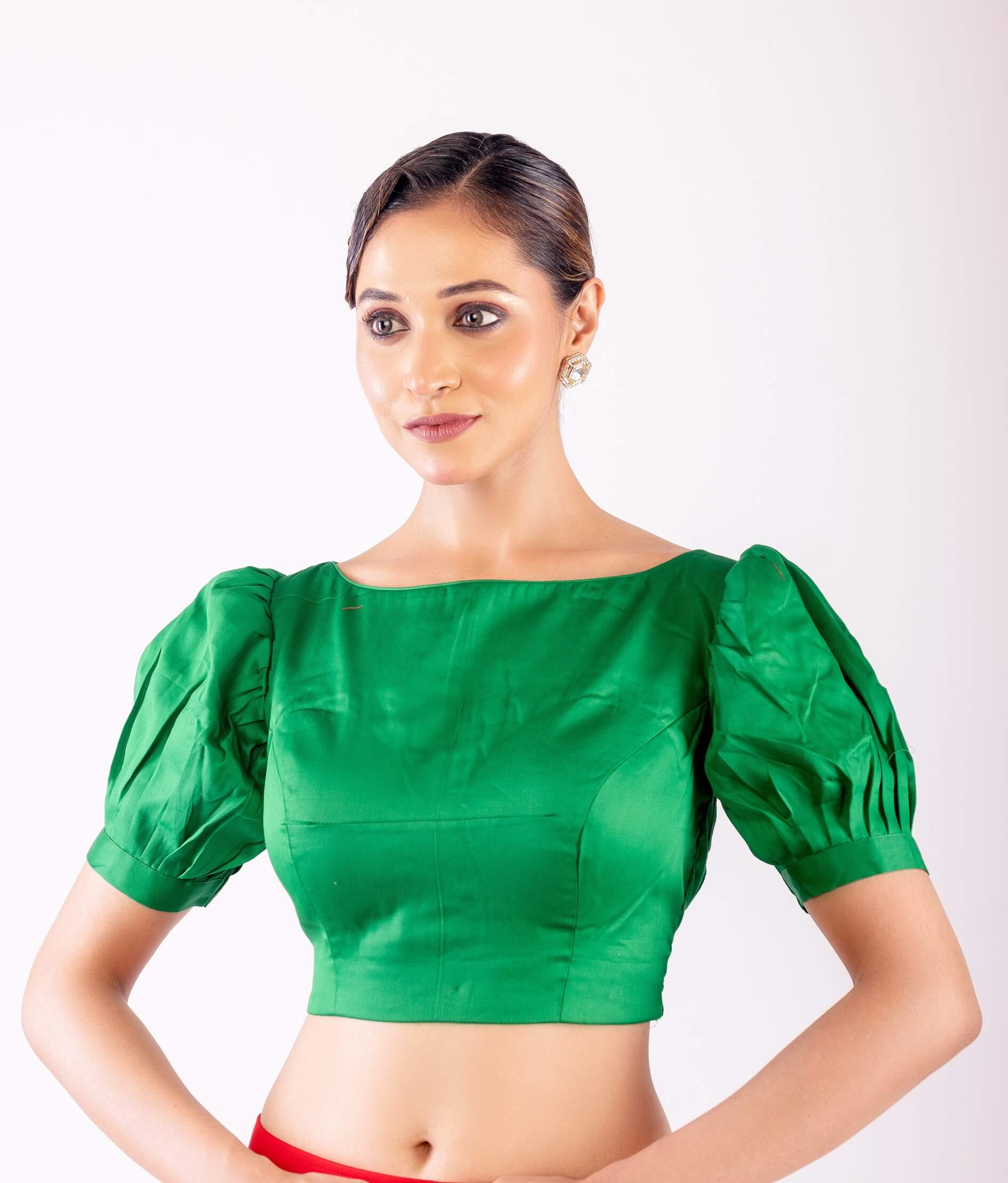 Green Boat Neck Blouse with Puff Sleeves & Stylish Back Cutout - Anvi Couture