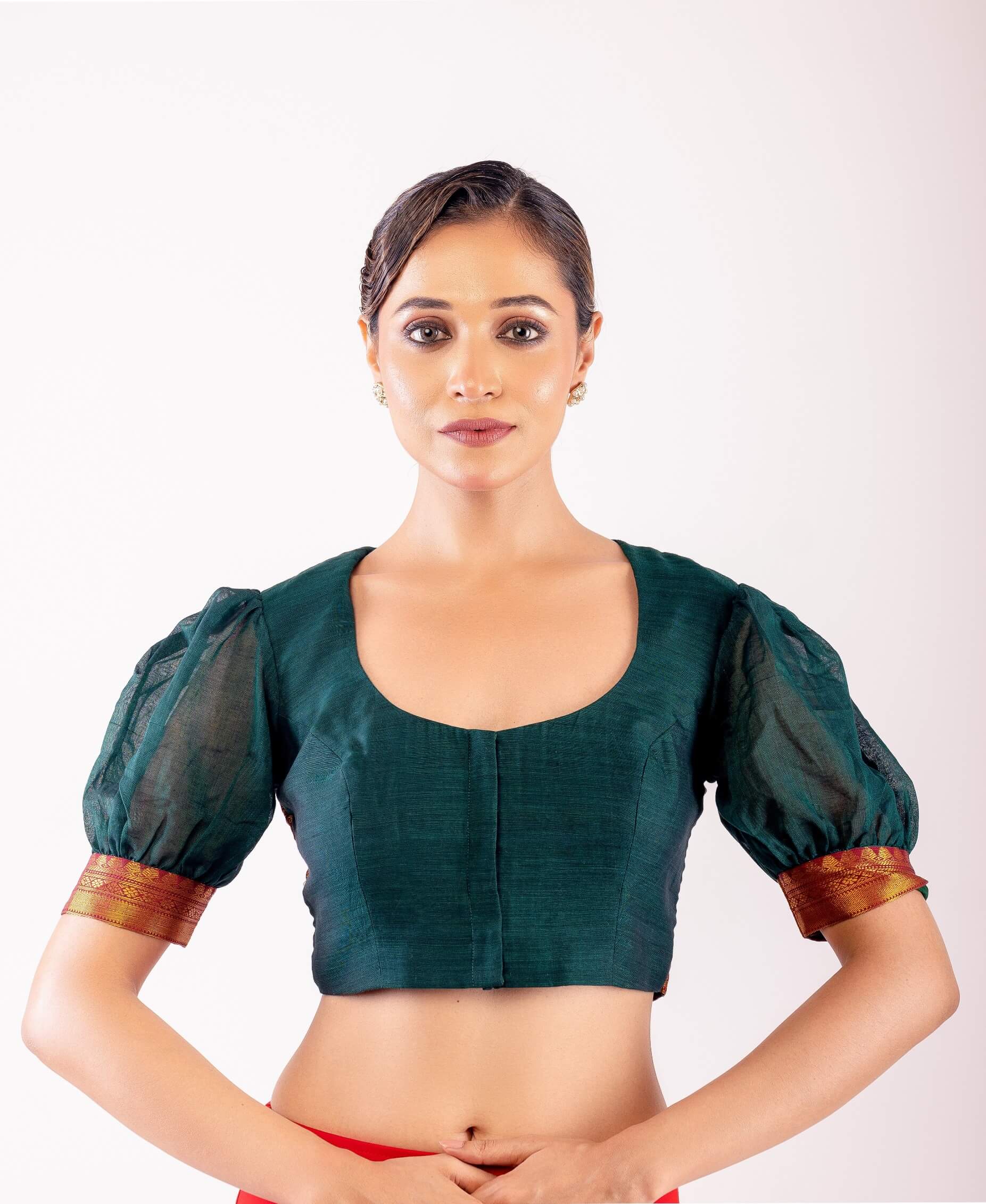 Dark Green Puff Sleeve Cotton Silk Blouse with Golden Border & U - Neckline - Anvi Couture