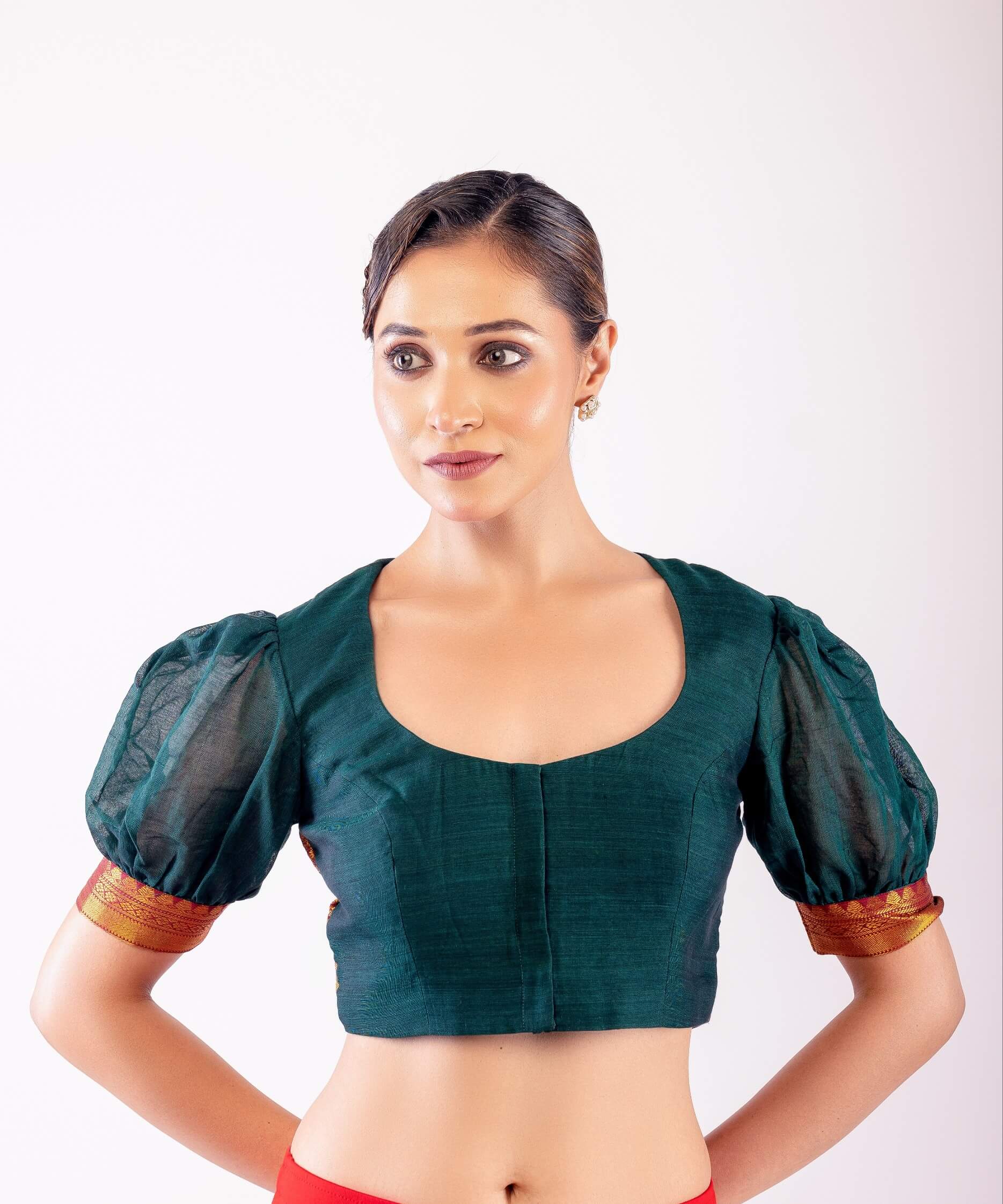 Dark Green Puff Sleeve Cotton Silk Blouse with Golden Border & U - Neckline - Anvi Couture