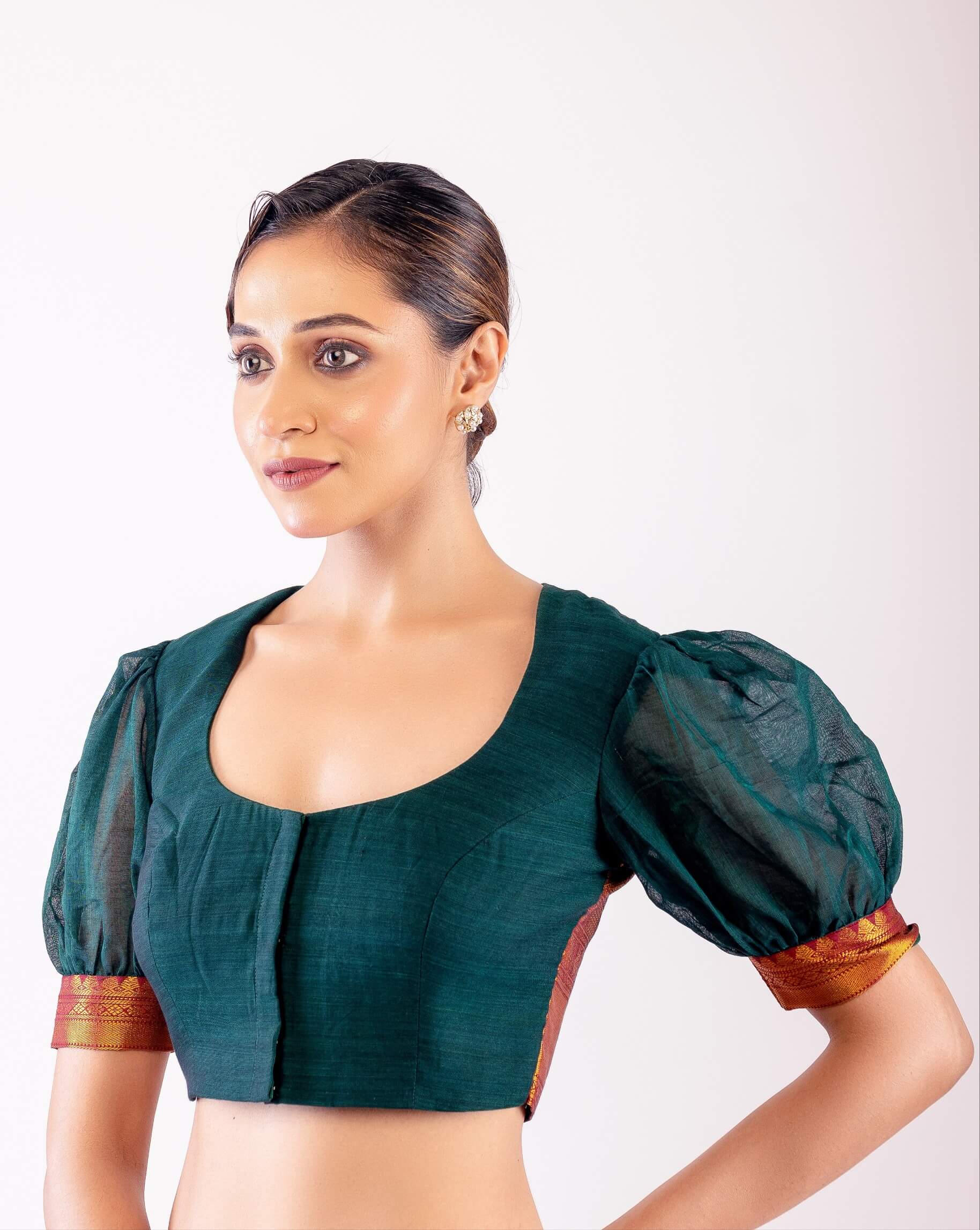 Dark Green Puff Sleeve Cotton Silk Blouse with Golden Border & U - Neckline - Anvi Couture