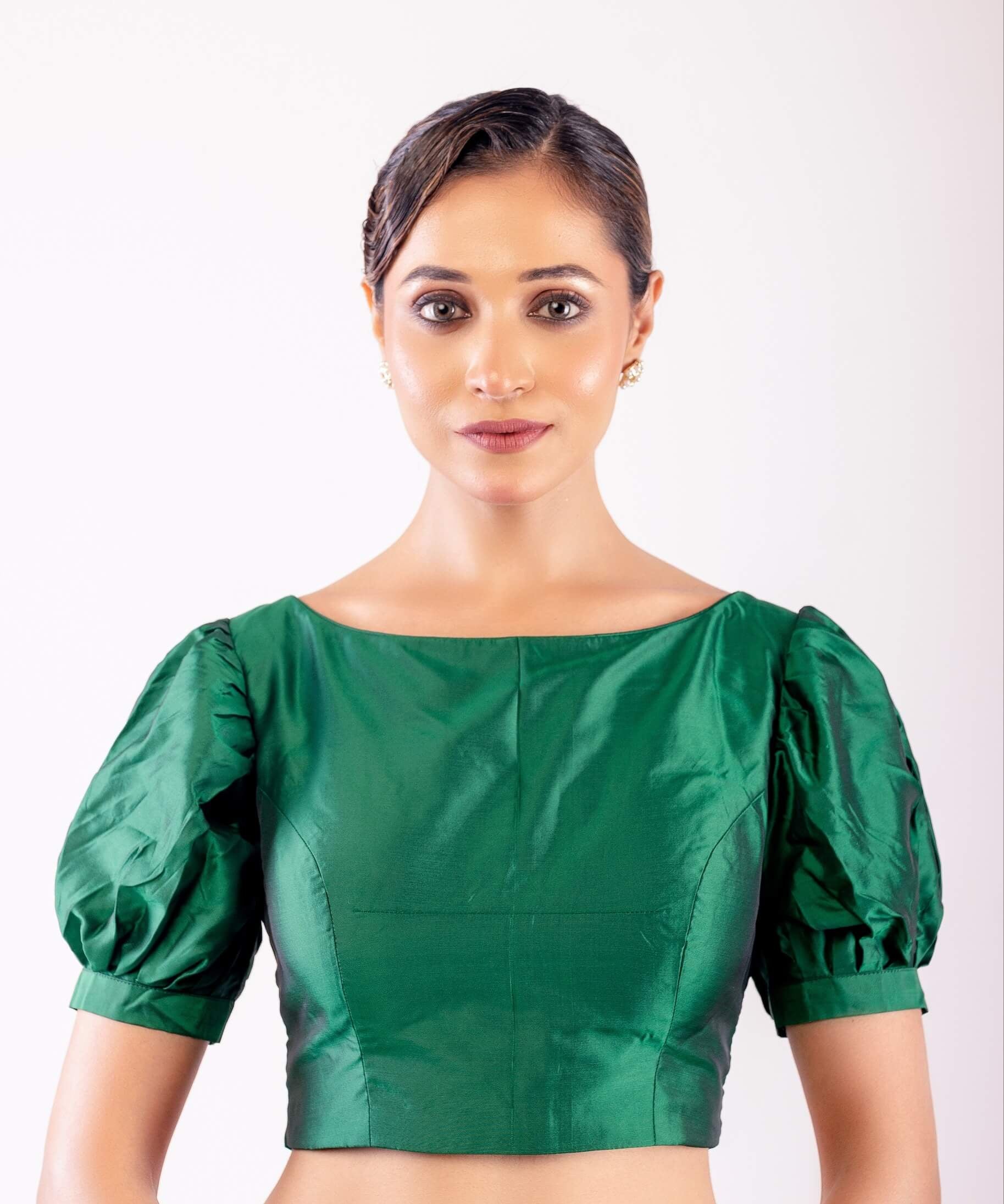 Green Puff Sleeve Blouse with Boat Neck - Anvi Couture