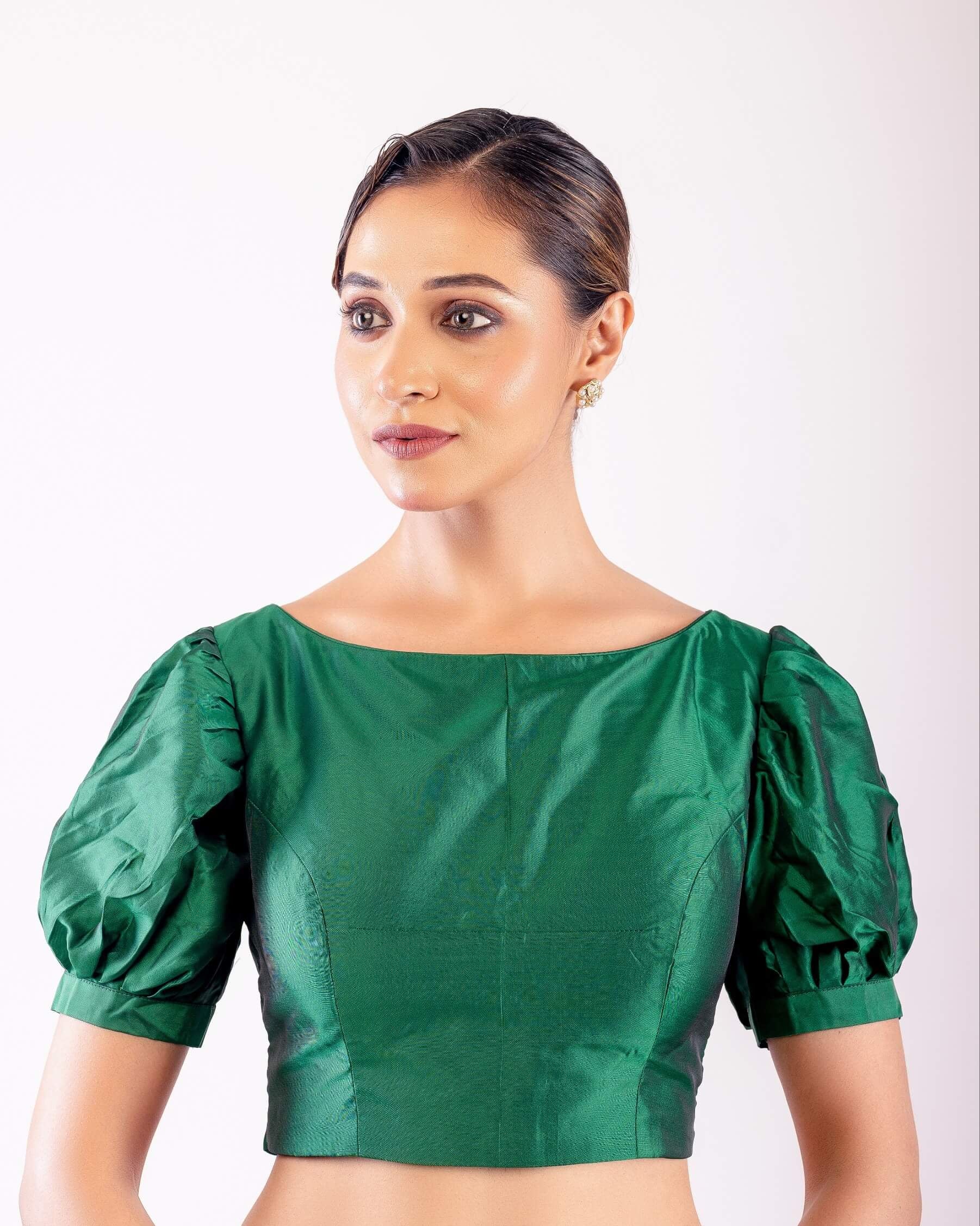 Green Puff Sleeve Blouse with Boat Neck - Anvi Couture
