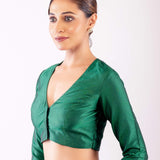 Green Full Sleeve Silk Blouse with V Neckline and Front Closure - Anvi Couture