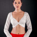 White Pure Cotton Silk Full Sleeve Blouse with Deep Plunging Neckline - Anvi Couture