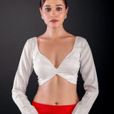 White Pure Cotton Silk Full Sleeve Blouse with Deep Plunging Neckline - Anvi Couture