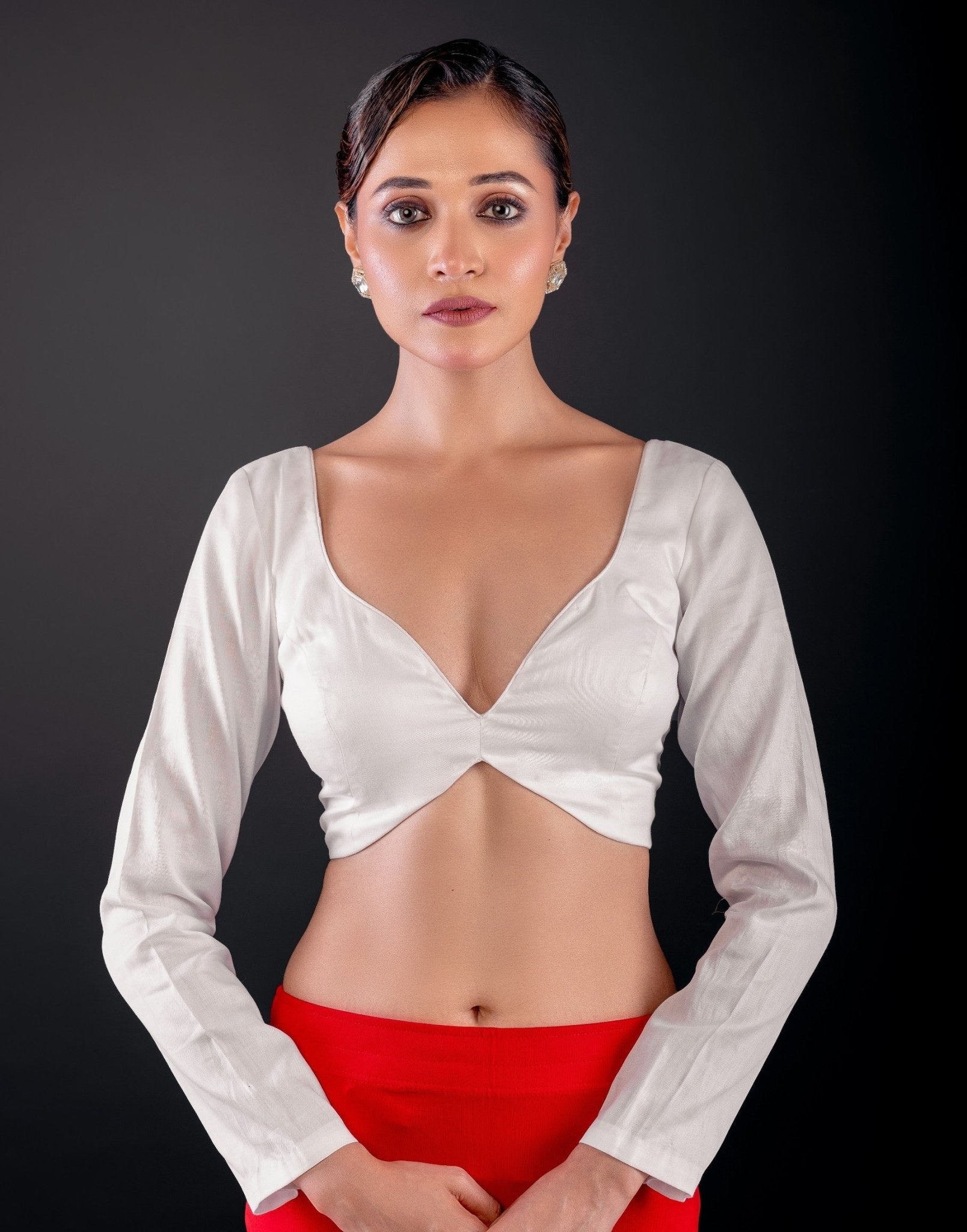 White Pure Cotton Silk Full Sleeve Blouse with Deep Plunging Neckline - Anvi Couture