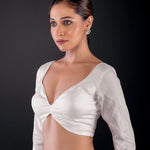 White Pure Cotton Silk Full Sleeve Blouse with Deep Plunging Neckline - Anvi Couture