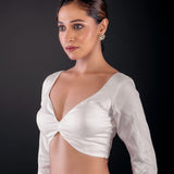 White Pure Cotton Silk Full Sleeve Blouse with Deep Plunging Neckline - Anvi Couture