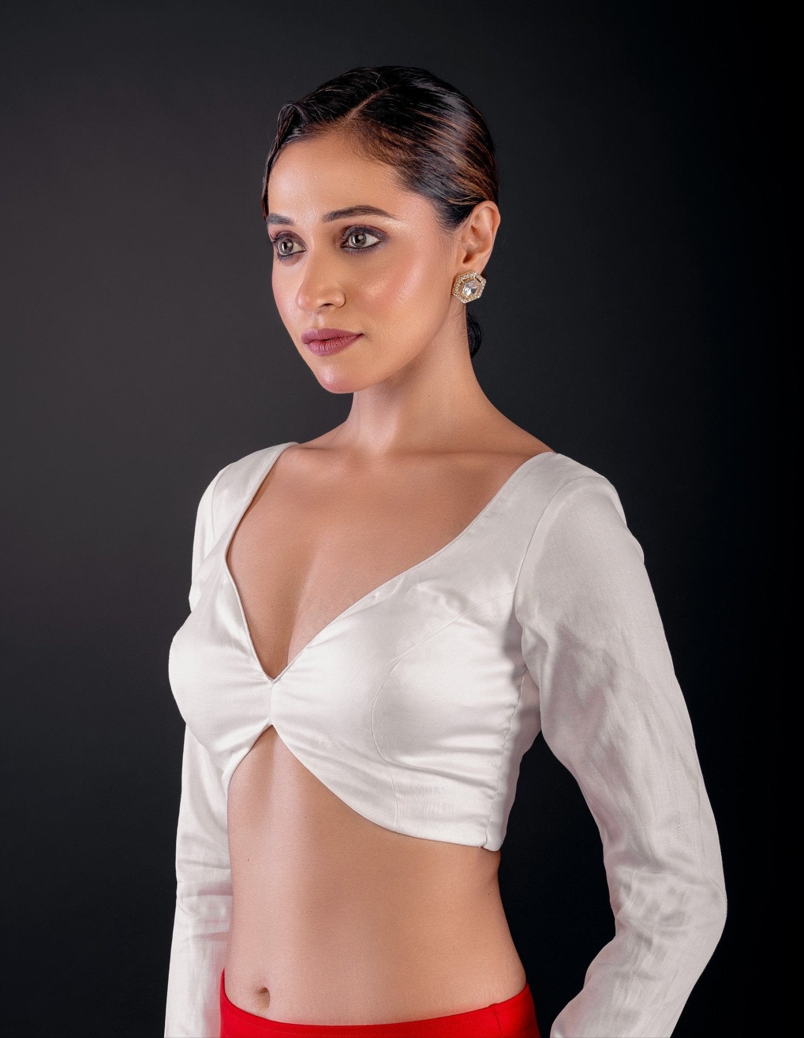White Pure Cotton Silk Full Sleeve Blouse with Deep Plunging Neckline - Anvi Couture