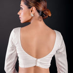 White Pure Cotton Silk Full Sleeve Blouse with Deep Plunging Neckline - Anvi Couture