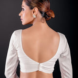 White Pure Cotton Silk Full Sleeve Blouse with Deep Plunging Neckline - Anvi Couture