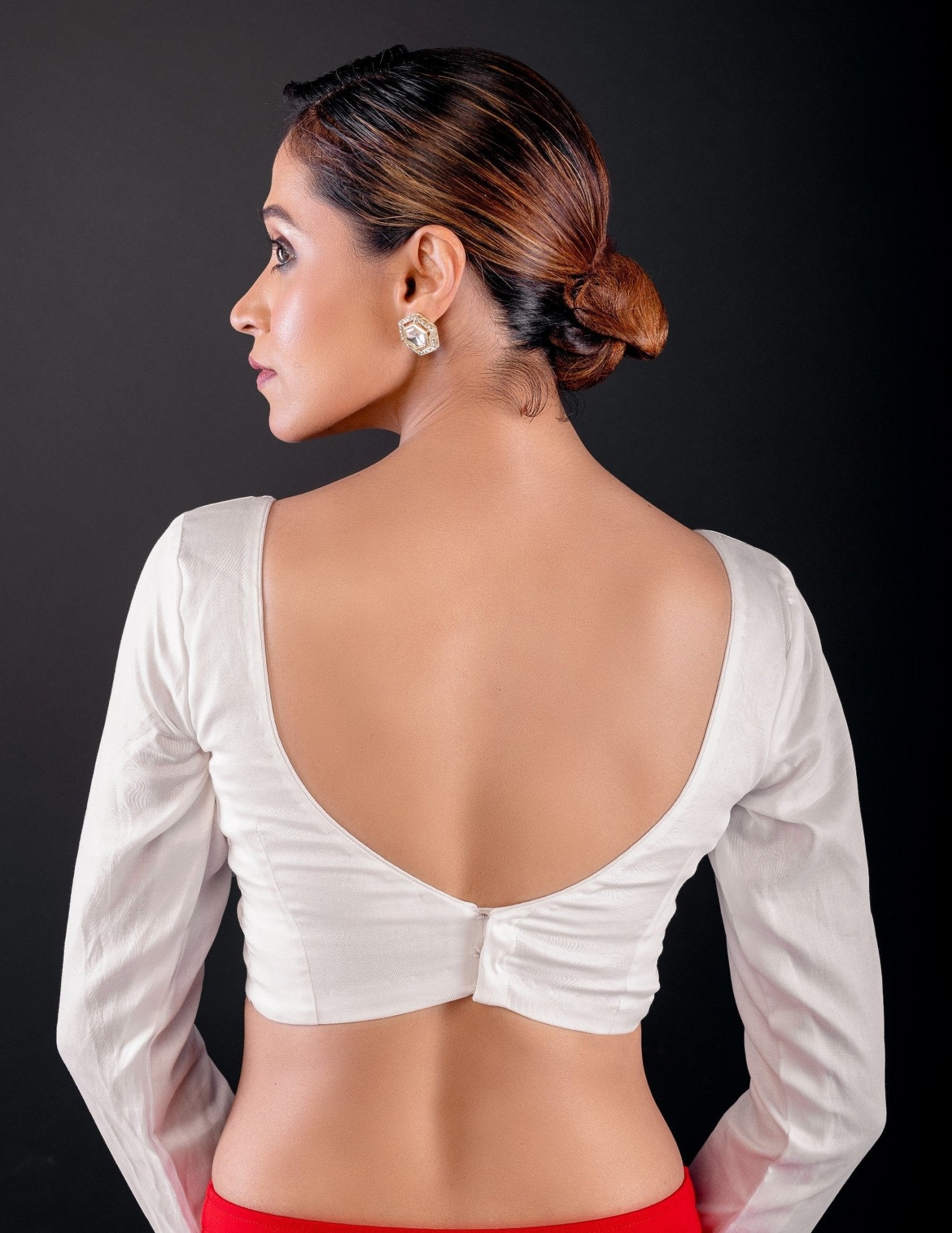 White Pure Cotton Silk Full Sleeve Blouse with Deep Plunging Neckline - Anvi Couture