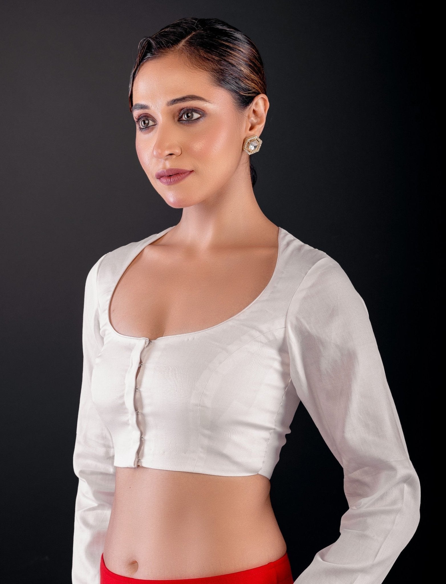 White Full Sleeve Cotton Silk Blouse with Round Neckline and Front Closure - Anvi Couture