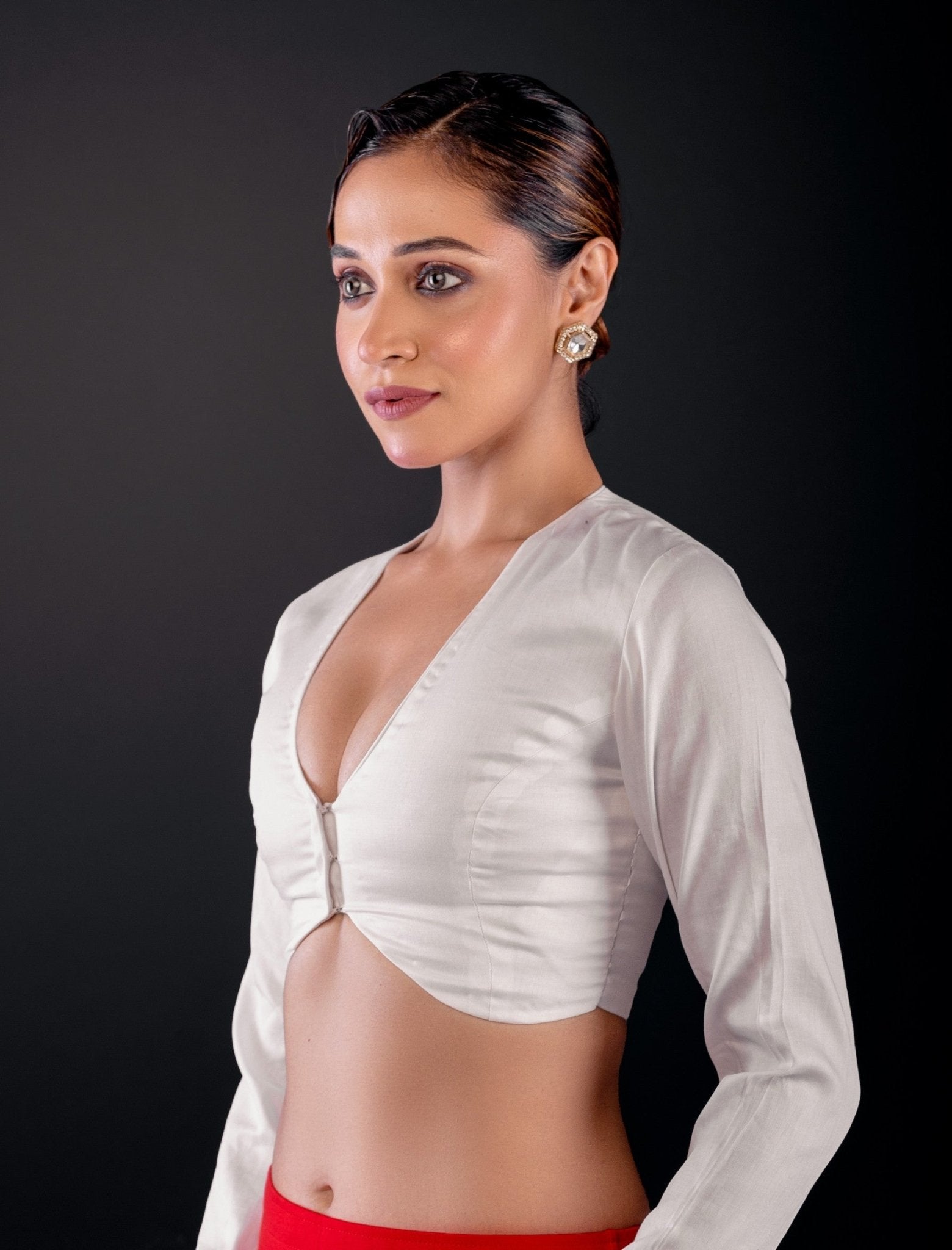 White Cotton Silk Full Sleeve Blouse with Deep V - Neck & Front Closure - Anvi Couture