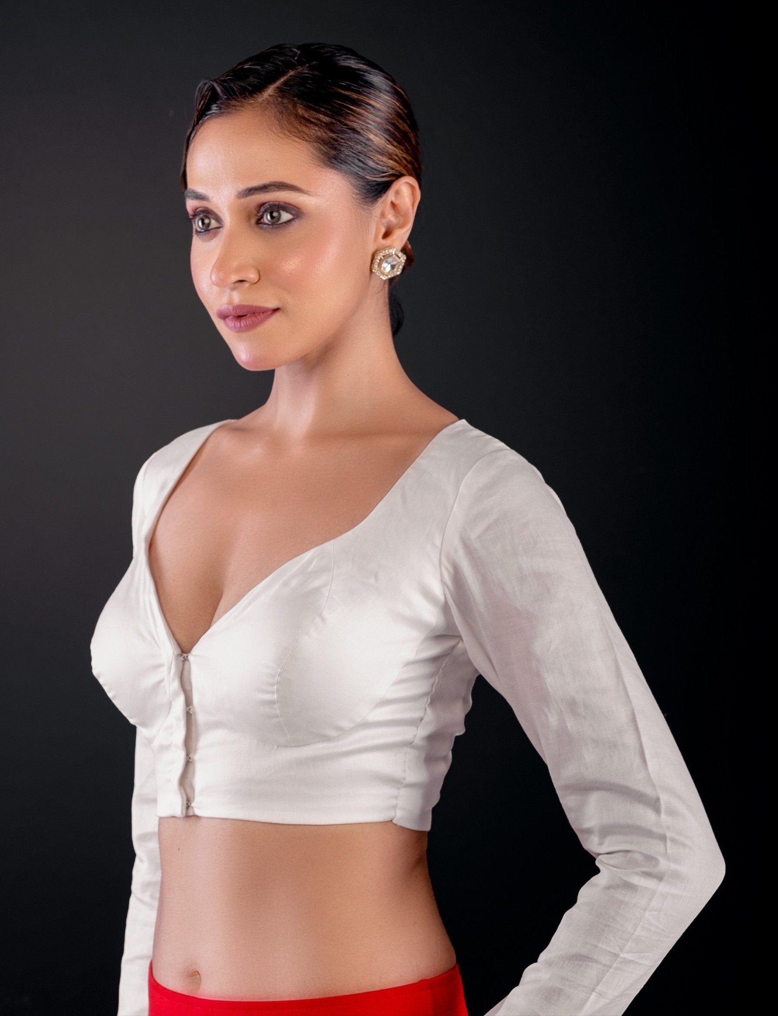 White Full Sleeve Cotton Silk Blouse with Sweetheart Neckline - Anvi Couture