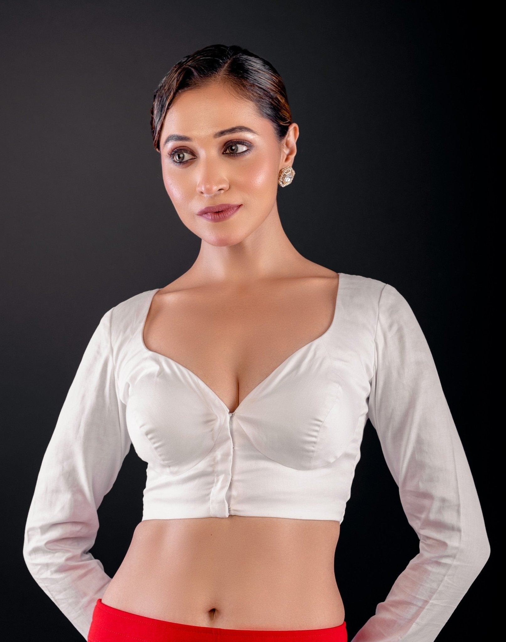 White Full Sleeve Cotton Silk Blouse with Sweetheart Neckline - Anvi Couture