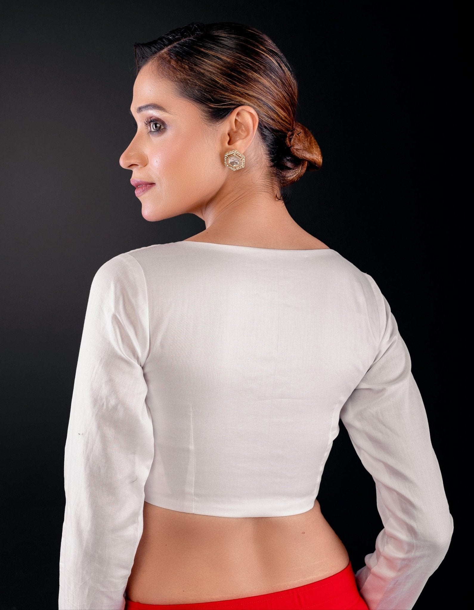 White Full Sleeve Cotton Silk Blouse with Sweetheart Neckline - Anvi Couture