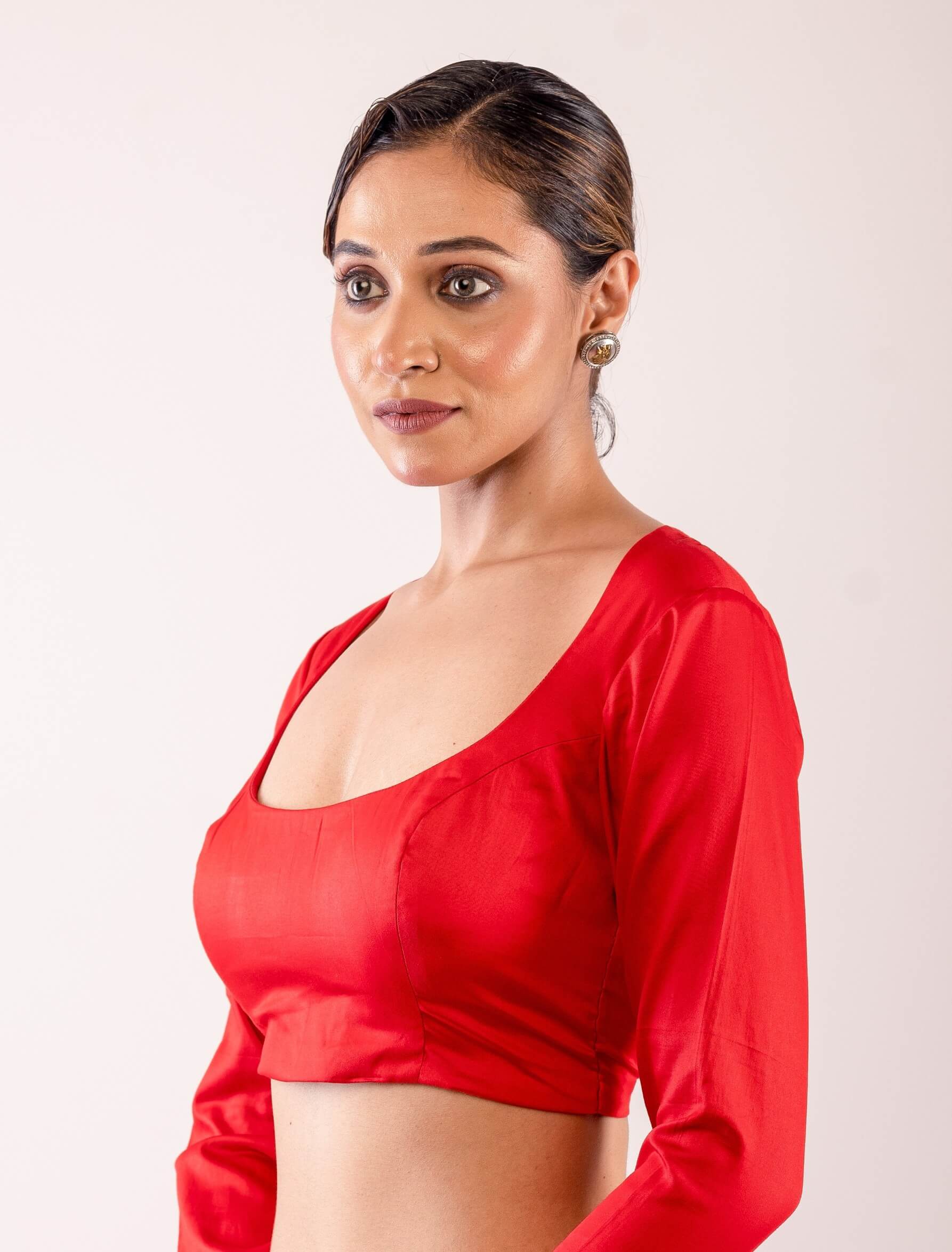Bright Red Full Sleeve Blouse in Cotton Silk with Round Neckline - Anvi Couture
