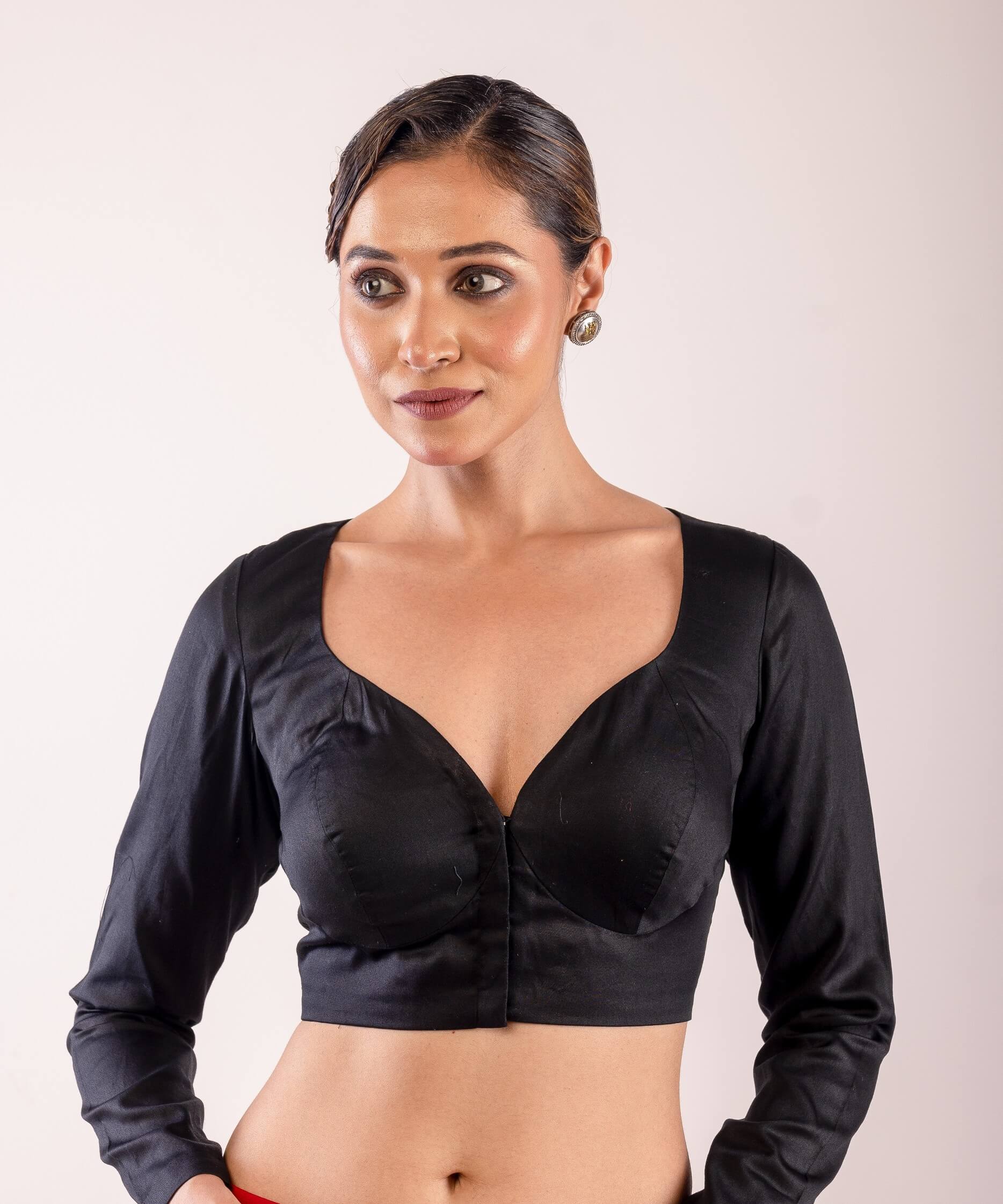 Black Full Sleeves blouse with Sweetheart Neckline - Anvi Couture