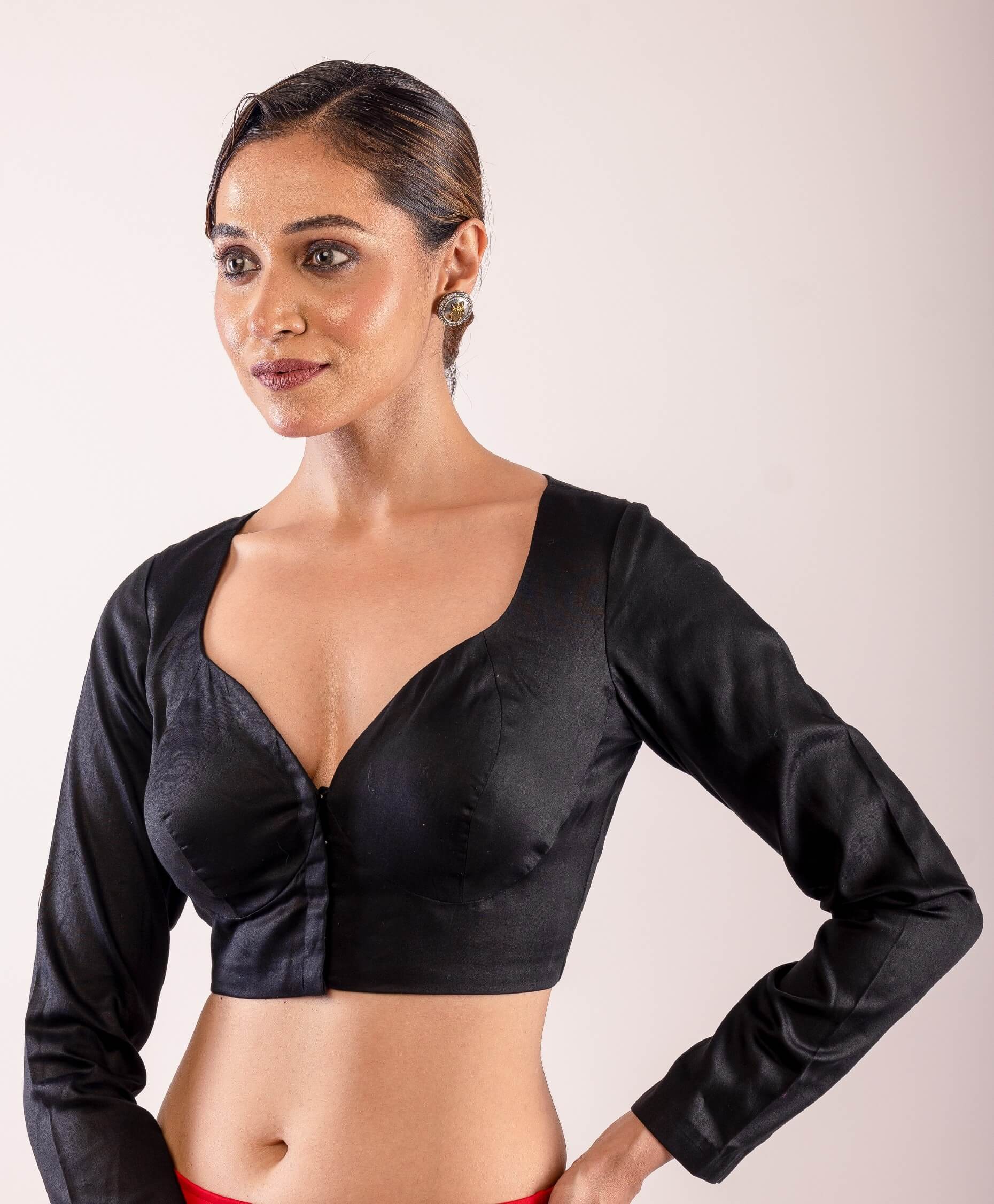 Black Full Sleeves blouse with Sweetheart Neckline - Anvi Couture