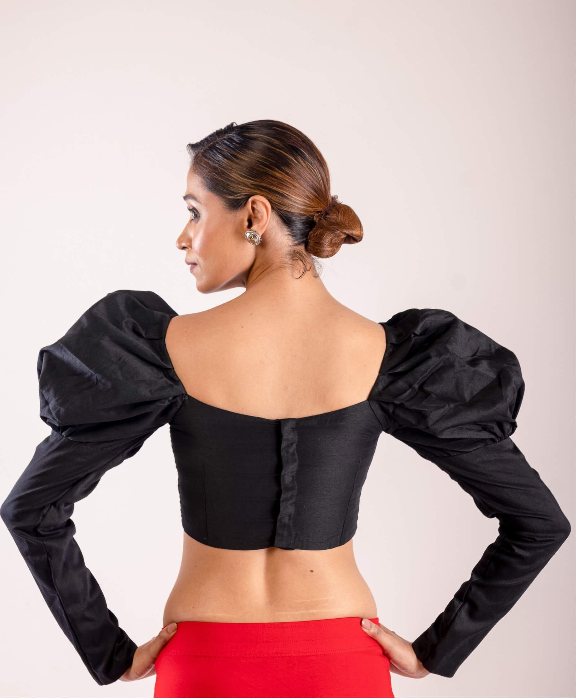 Black Full Length Puff Sleeve Blouse with Square Neckline - Anvi Couture