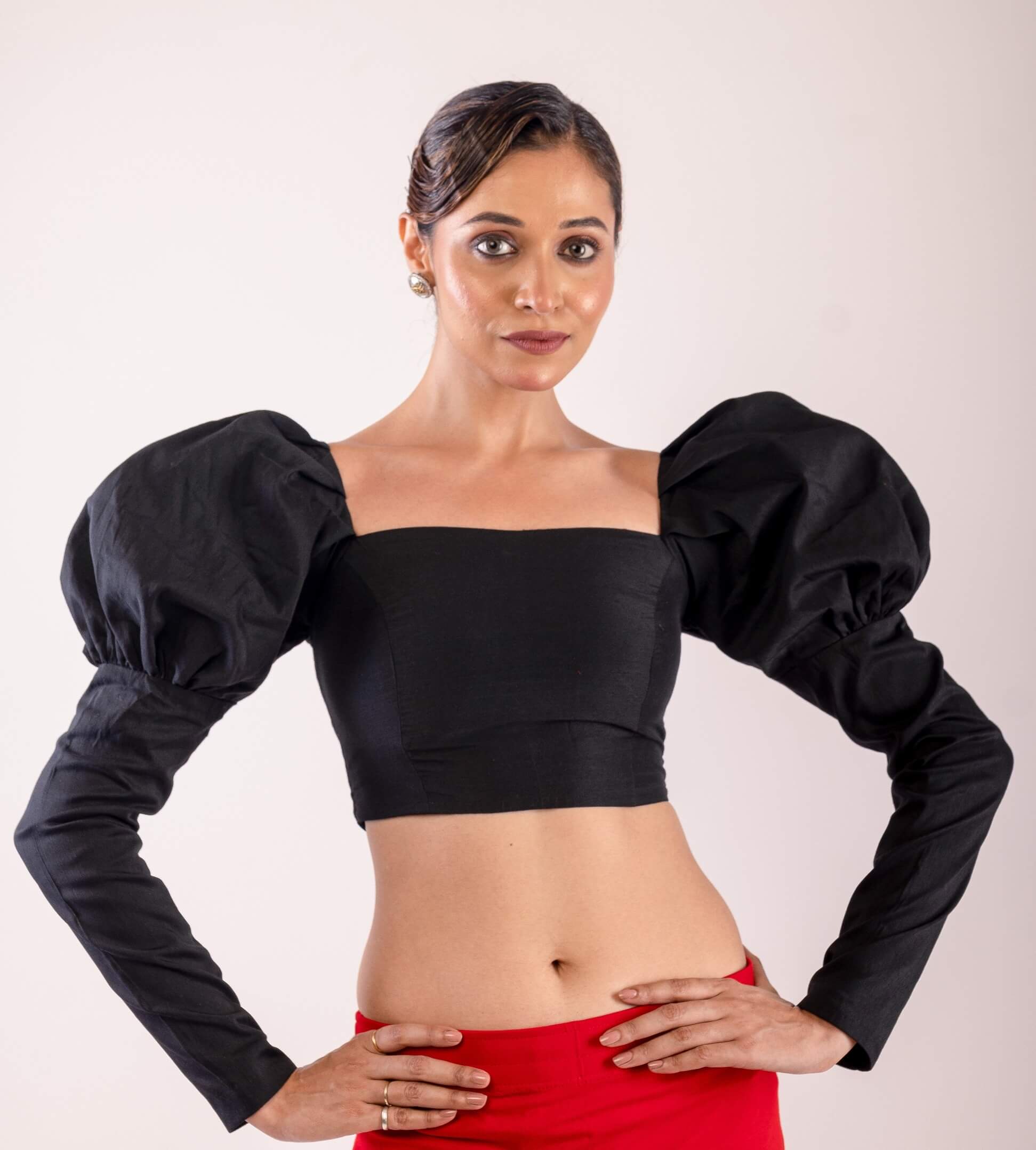 Black Full Length Puff Sleeve Blouse with Square Neckline - Anvi Couture