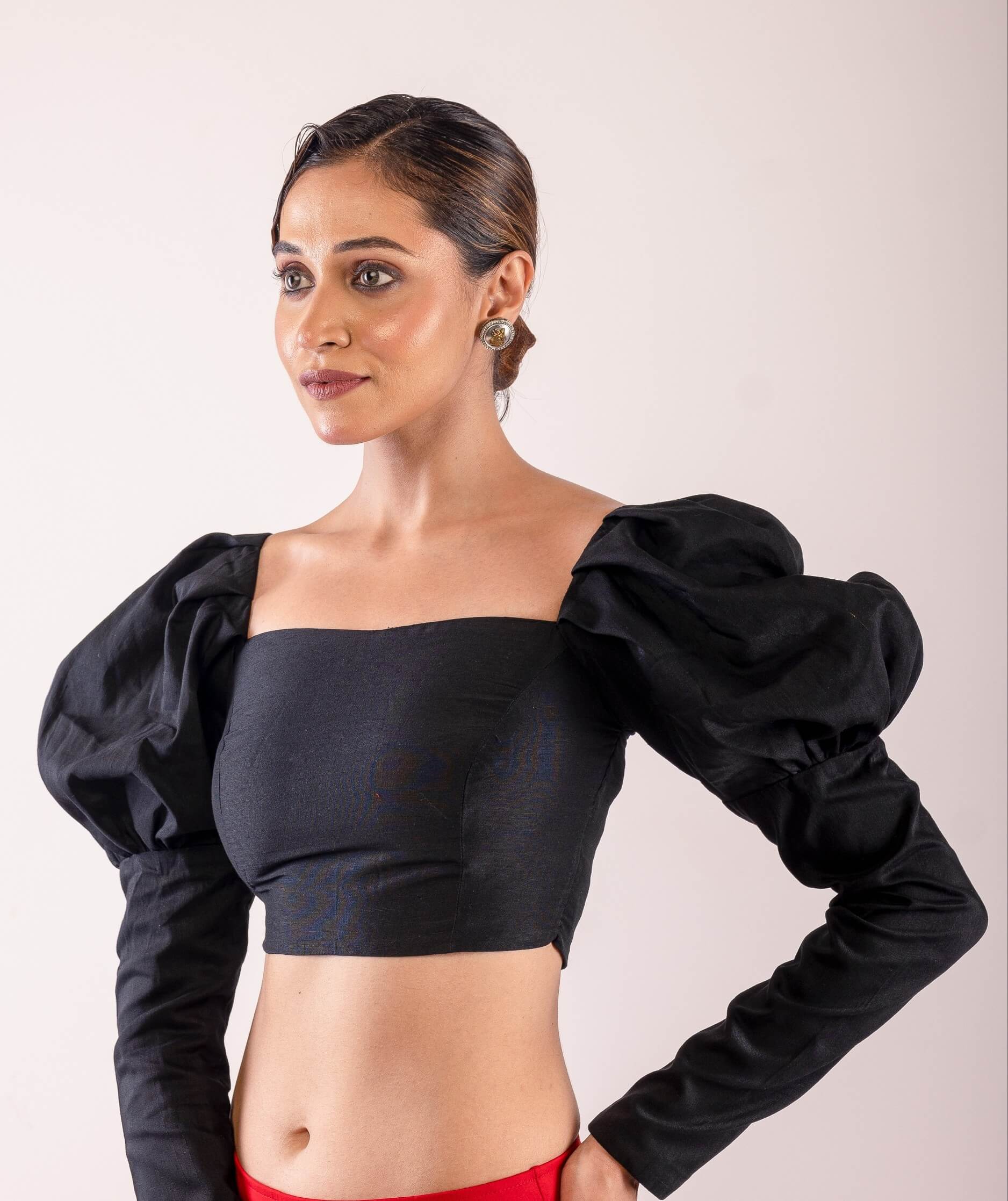 Black Full Length Puff Sleeve Blouse with Square Neckline - Anvi Couture