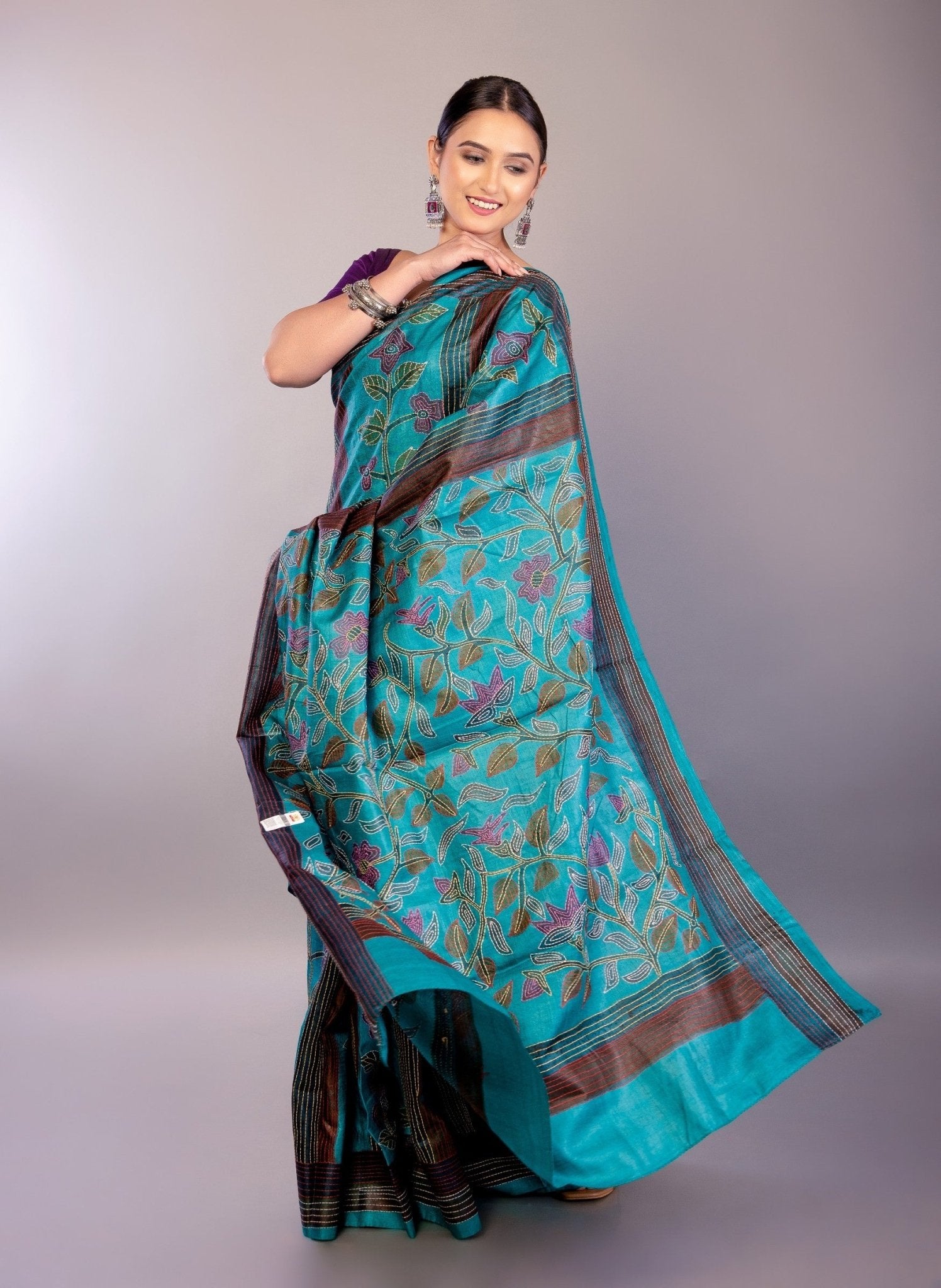 Teal Blue Silk Kantha Stitch Saree Floral Embroidery Work - Anvi Couture