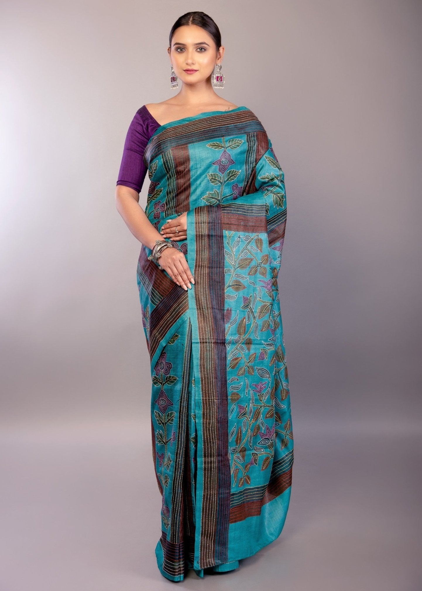 Teal Blue Silk Kantha Stitch Saree Floral Embroidery Work - Anvi Couture