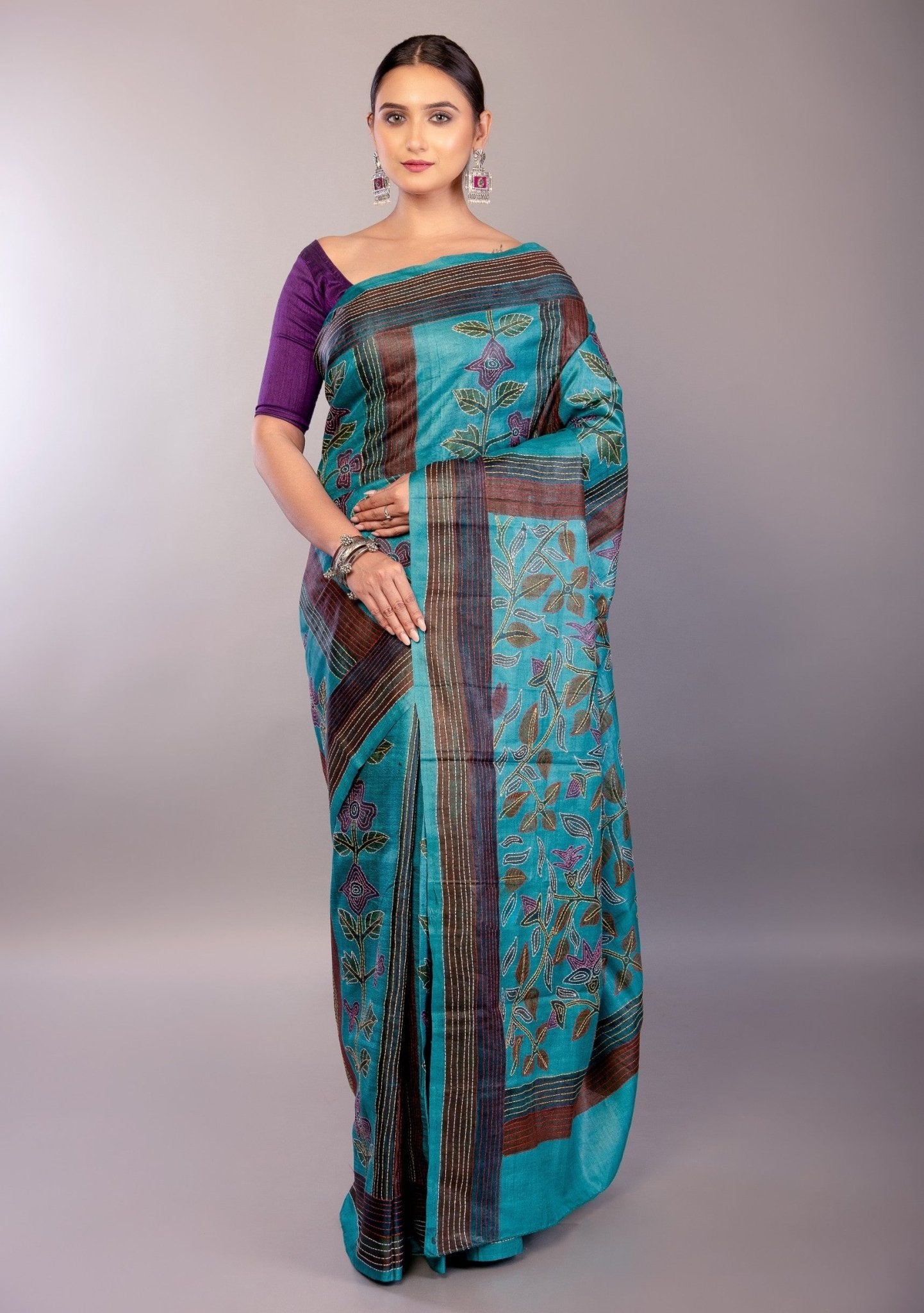 Teal Blue Silk Kantha Stitch Saree Floral Embroidery Work - Anvi Couture